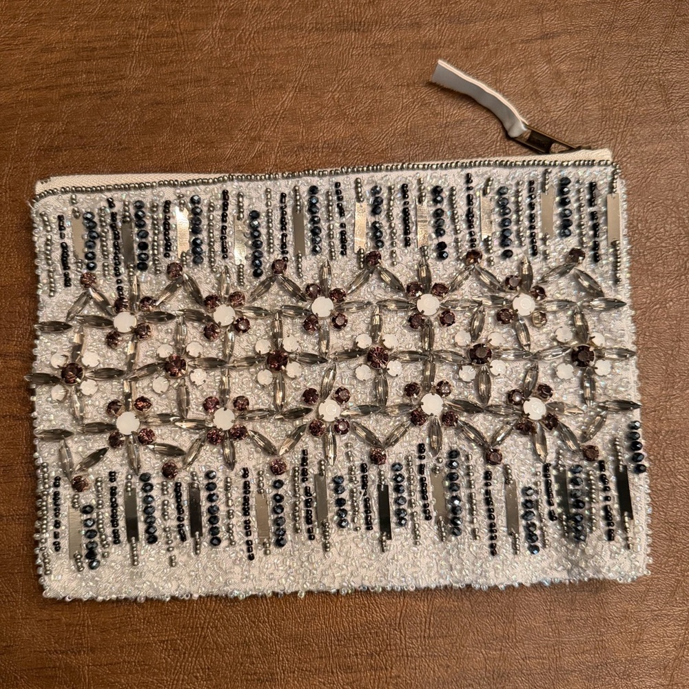 Anthropologie Silver Beaded Crystal Floral Zipper Pouch/ Bag - Picture 3 of 6